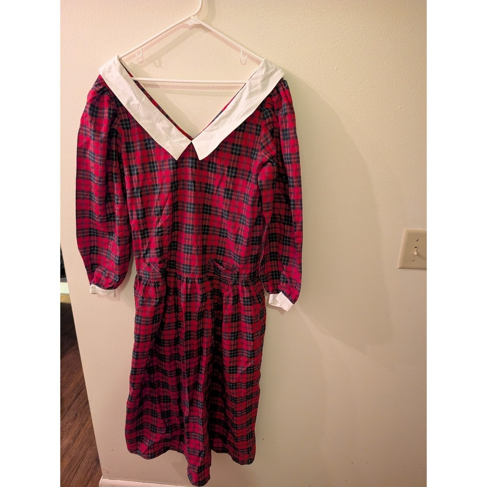 Vintage Eileen West Dress Womens Sz 12 Plaid Prairie Modest Red Tartan & White L